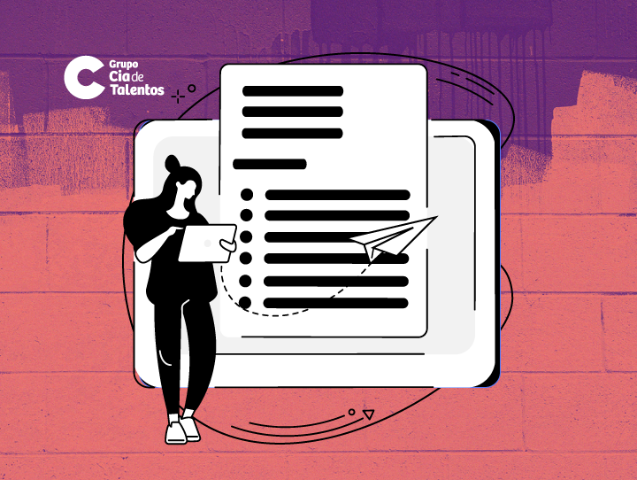 A imagem apresenta um fundo rosa com a parte de cima em roxo. No canto superior esquerdo, há a logomarca do Grupo Cia de Talentos. No centro, estão duas ilustrações: uma que simula um currículo e a outra, uma mulher segurando um papel. A ideia é mostrar que um currículo pode ser preenchido com informações que ajudam a conquistar uma vaga mesmo sem ter experiência.