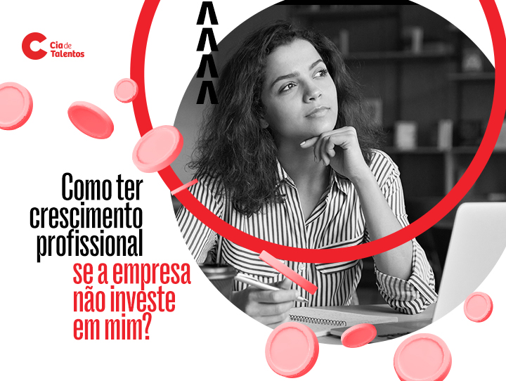 A imagem que ilustra o artigo traz a foto em preto e branco de uma jovem de cabelos escuros até a altura dos ombros. Ela veste uma camisa listrada e está sentada em frente a um computador, com uma das mãos no queixo, com semblante pensativo. À esquerda, o texto: Como ter crescimento profissional se a empresa não investe em mim?